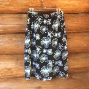Denim & Co. Black & White Floral Linen Blend Classic Retro Inspired Skirt Size L
